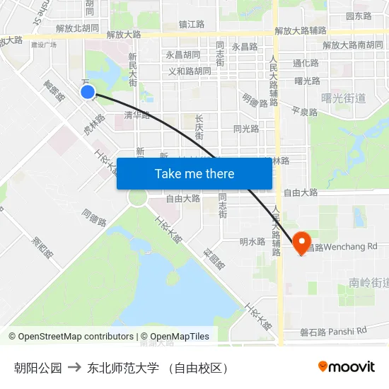 朝阳公园 to 东北师范大学 （自由校区） map