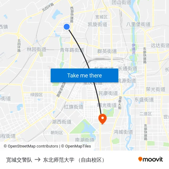 宽城交警队 to 东北师范大学 （自由校区） map