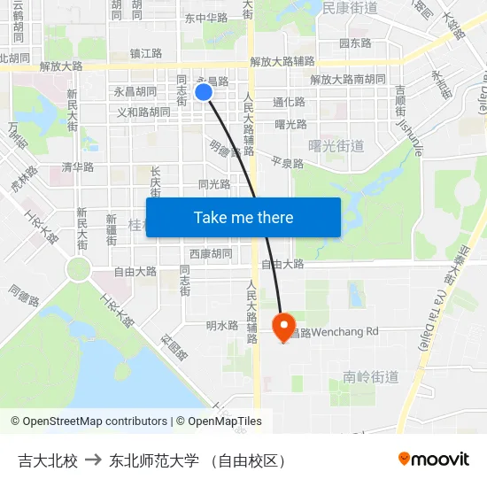 吉大北校 to 东北师范大学 （自由校区） map