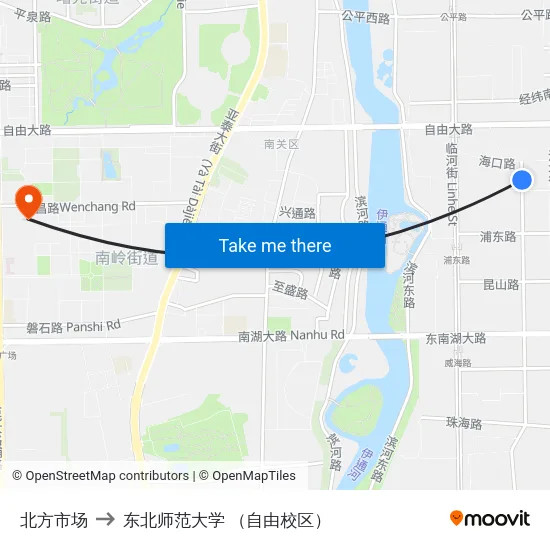 北方市场 to 东北师范大学 （自由校区） map