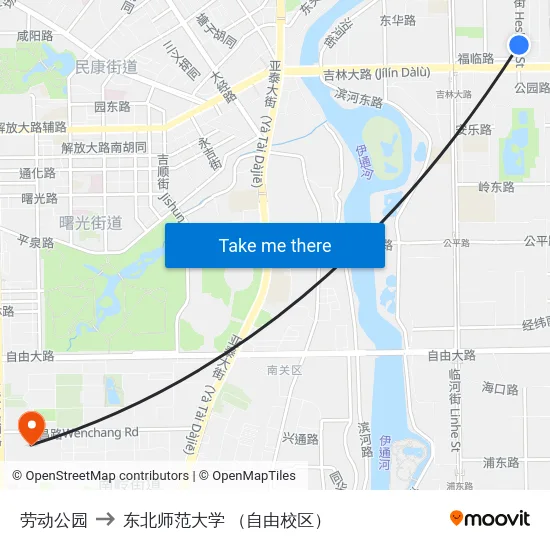 劳动公园 to 东北师范大学 （自由校区） map