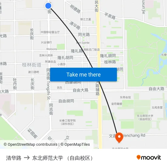 清华路 to 东北师范大学 （自由校区） map