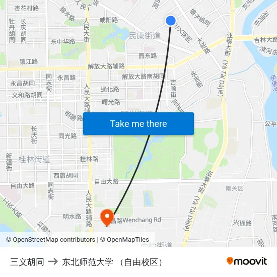 三义胡同 to 东北师范大学 （自由校区） map