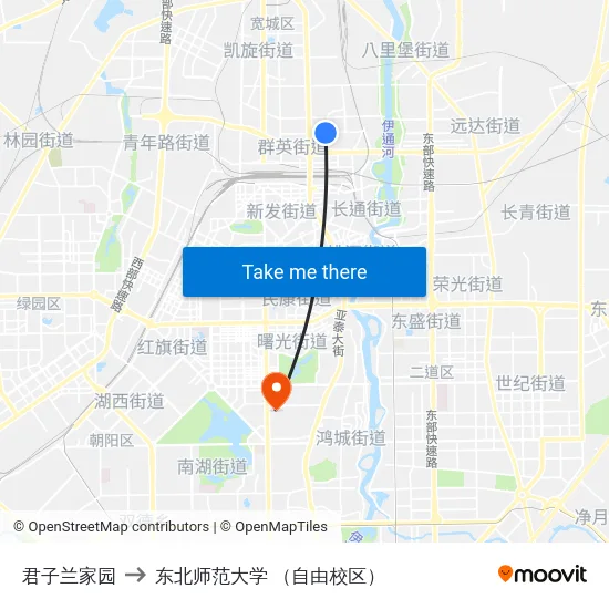 君子兰家园 to 东北师范大学 （自由校区） map