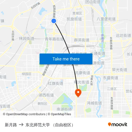 新月路 to 东北师范大学 （自由校区） map