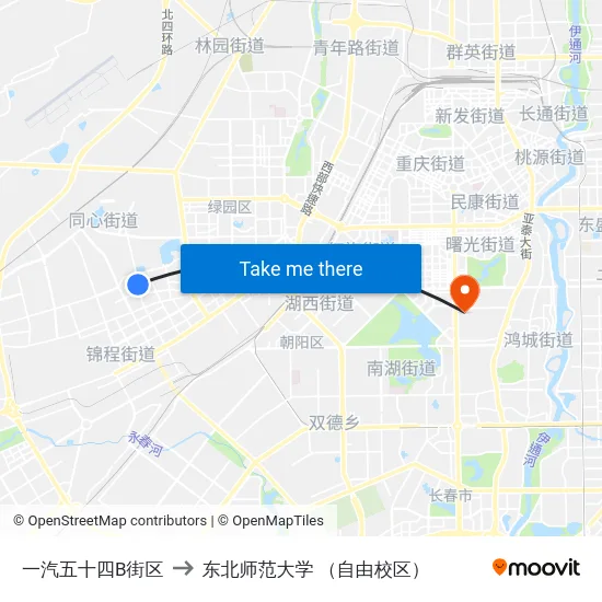 一汽五十四B街区 to 东北师范大学 （自由校区） map