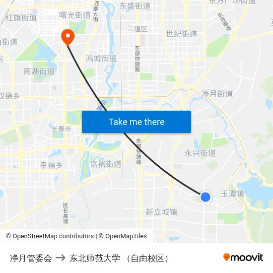 净月管委会 to 东北师范大学 （自由校区） map