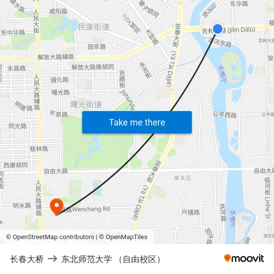 长春大桥 to 东北师范大学 （自由校区） map