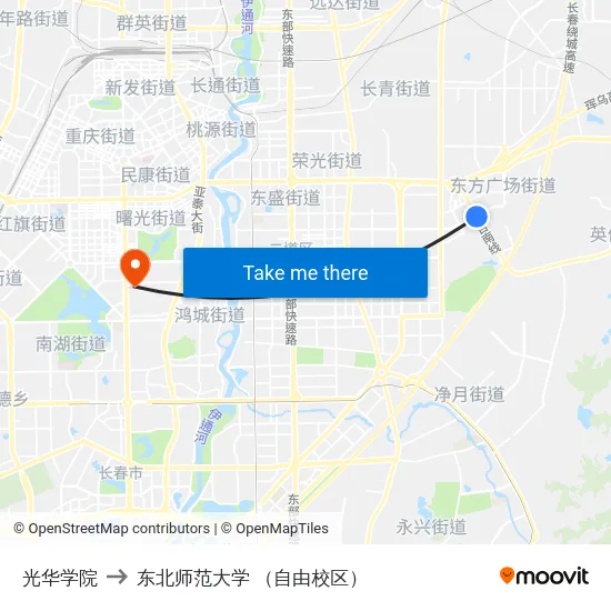 光华学院 to 东北师范大学 （自由校区） map