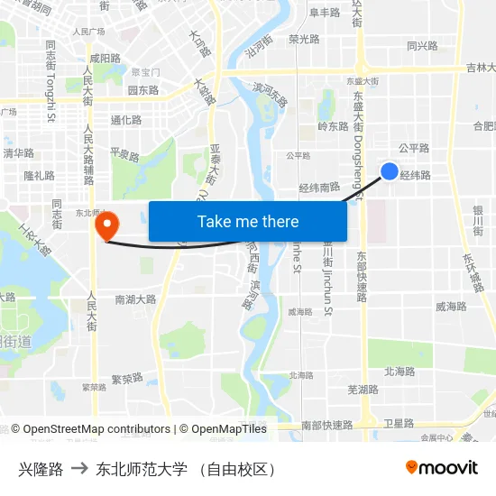 兴隆路 to 东北师范大学 （自由校区） map
