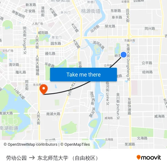 劳动公园 to 东北师范大学 （自由校区） map