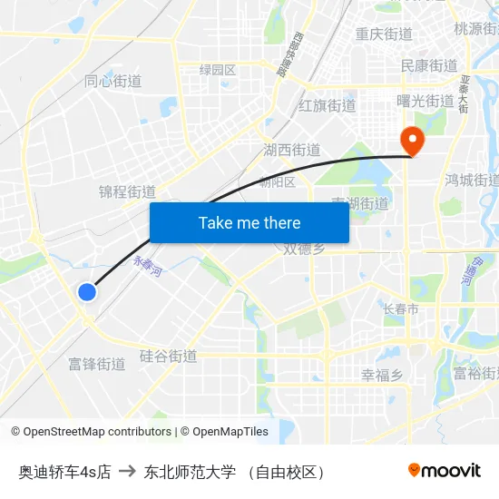 奥迪轿车4s店 to 东北师范大学 （自由校区） map