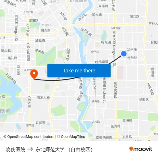 烧伤医院 to 东北师范大学 （自由校区） map
