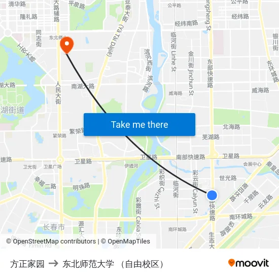 方正家园 to 东北师范大学 （自由校区） map