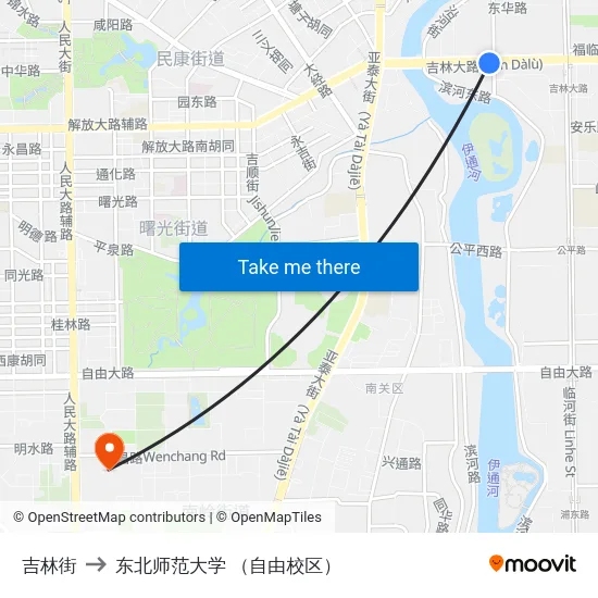 吉林街 to 东北师范大学 （自由校区） map