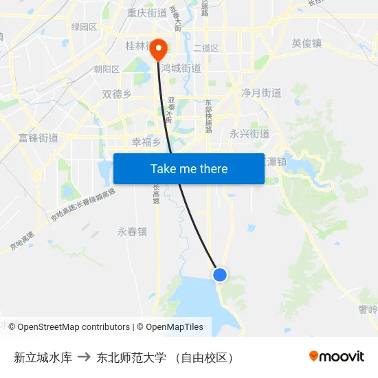 新立城水库 to 东北师范大学 （自由校区） map