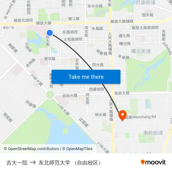 吉大一院 to 东北师范大学 （自由校区） map
