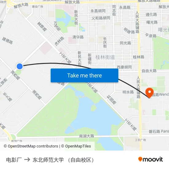 电影厂 to 东北师范大学 （自由校区） map