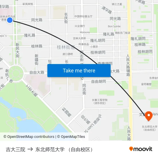 吉大三院 to 东北师范大学 （自由校区） map