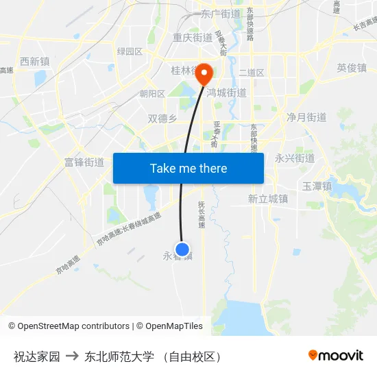 祝达家园 to 东北师范大学 （自由校区） map