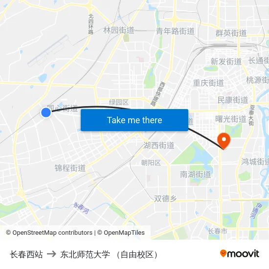 长春西站 to 东北师范大学 （自由校区） map