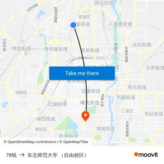 78线 to 东北师范大学 （自由校区） map