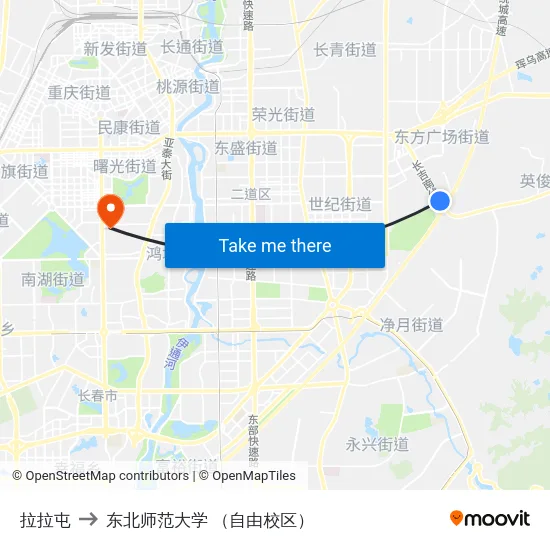 拉拉屯 to 东北师范大学 （自由校区） map