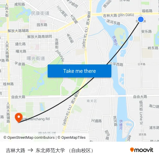 吉林大路 to 东北师范大学 （自由校区） map