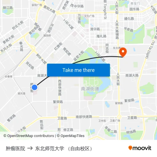 肿瘤医院 to 东北师范大学 （自由校区） map