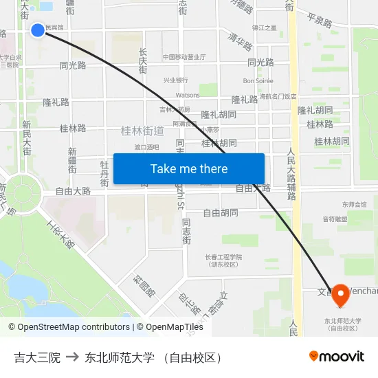 吉大三院 to 东北师范大学 （自由校区） map