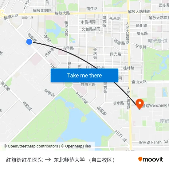 红旗街红星医院 to 东北师范大学 （自由校区） map