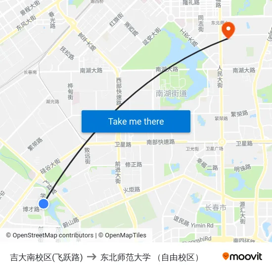 吉大南校区(飞跃路) to 东北师范大学 （自由校区） map