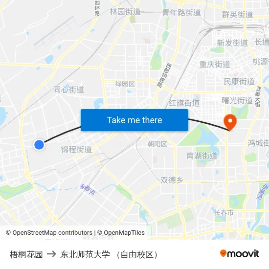 梧桐花园 to 东北师范大学 （自由校区） map