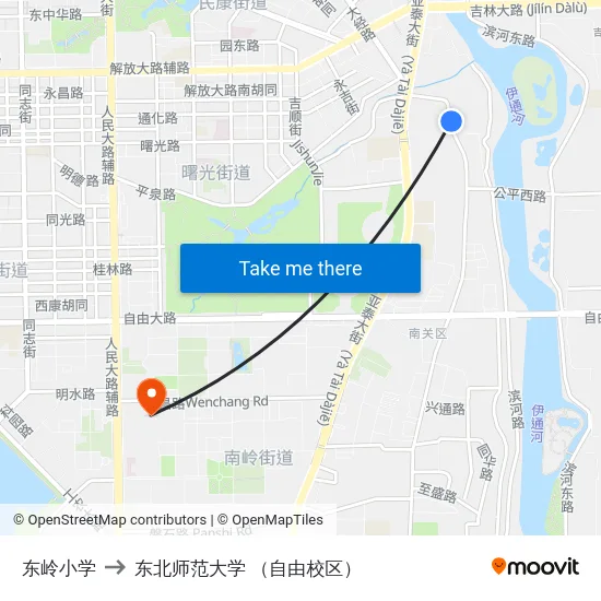 东岭小学 to 东北师范大学 （自由校区） map