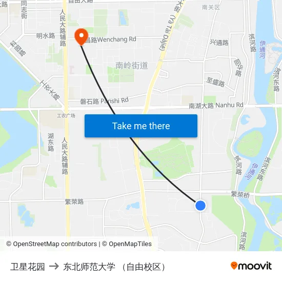 卫星花园 to 东北师范大学 （自由校区） map