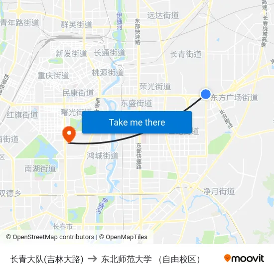 长青大队(吉林大路) to 东北师范大学 （自由校区） map
