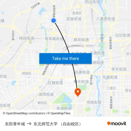 东田青年城 to 东北师范大学 （自由校区） map
