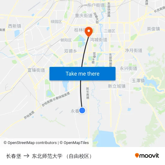 长春堡 to 东北师范大学 （自由校区） map