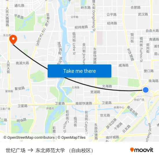 世纪广场 to 东北师范大学 （自由校区） map