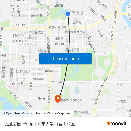 儿童公园 to 东北师范大学 （自由校区） map