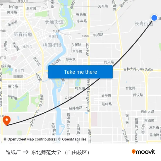 造纸厂 to 东北师范大学 （自由校区） map