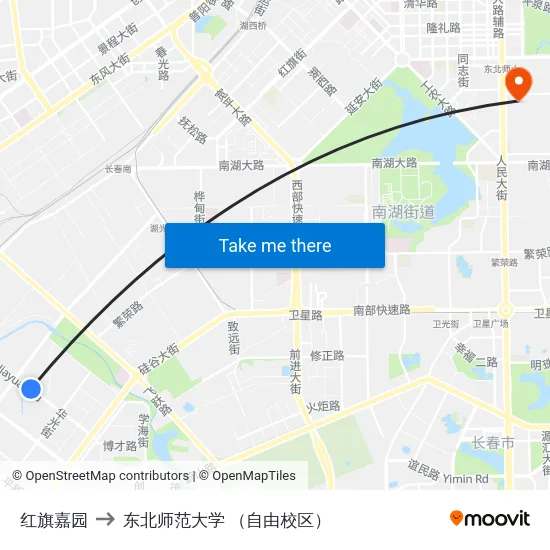 红旗嘉园 to 东北师范大学 （自由校区） map
