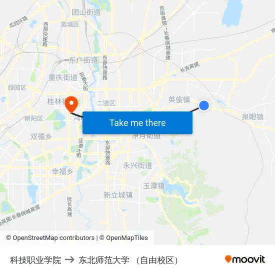 科技职业学院 to 东北师范大学 （自由校区） map
