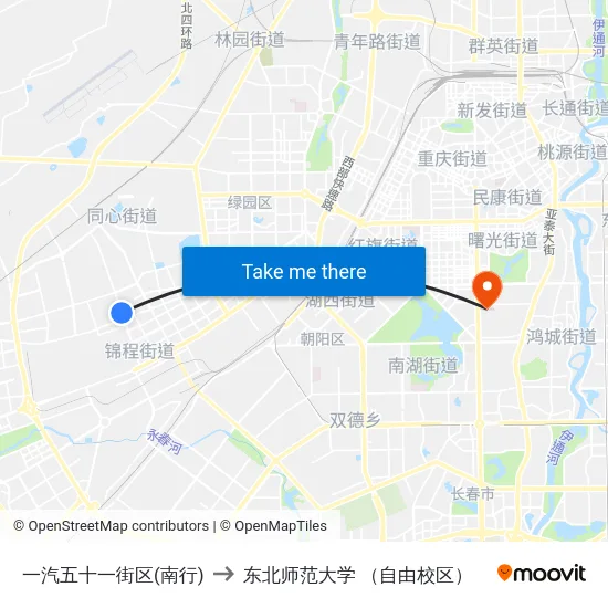一汽五十一街区(南行) to 东北师范大学 （自由校区） map