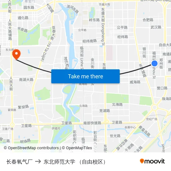长春氧气厂 to 东北师范大学 （自由校区） map