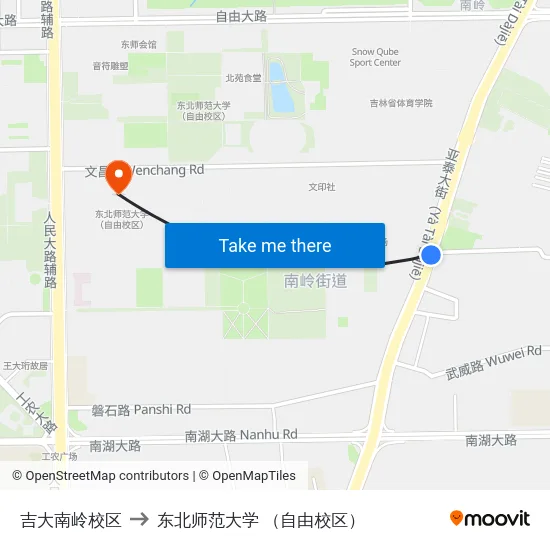 吉大南岭校区 to 东北师范大学 （自由校区） map
