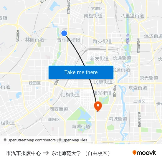 市汽车报废中心 to 东北师范大学 （自由校区） map