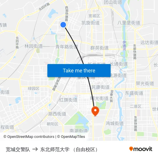 宽城交警队 to 东北师范大学 （自由校区） map