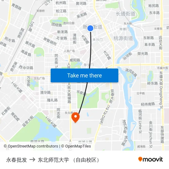 永春批发 to 东北师范大学 （自由校区） map