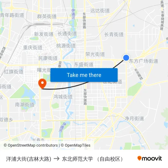 洋浦大街(吉林大路) to 东北师范大学 （自由校区） map